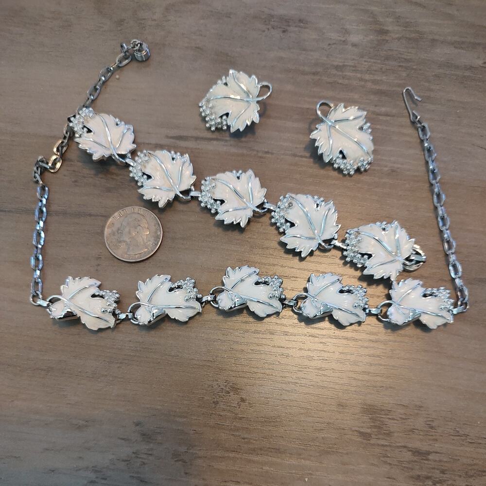 Vtg SARAH COVENTRY Whispering Leaves Enamel Bracelet Necklace &Clip Earrings Set